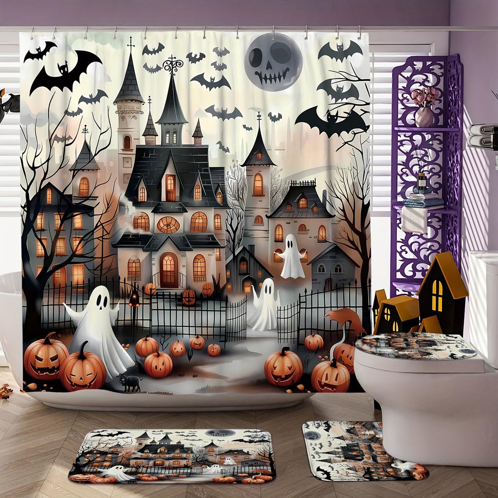 Haunted House Bathroom Set - Ghost & Pumpkin Shower Curtain, Toilet Cover & Mats, Spooky Halloween Decor, Horror Gift