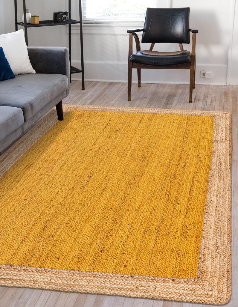 Aizza Trends Indian Handmade Braided Inner Yellow Natural Jute Area Rug- Jute Rug- Dining Room- Living Room
