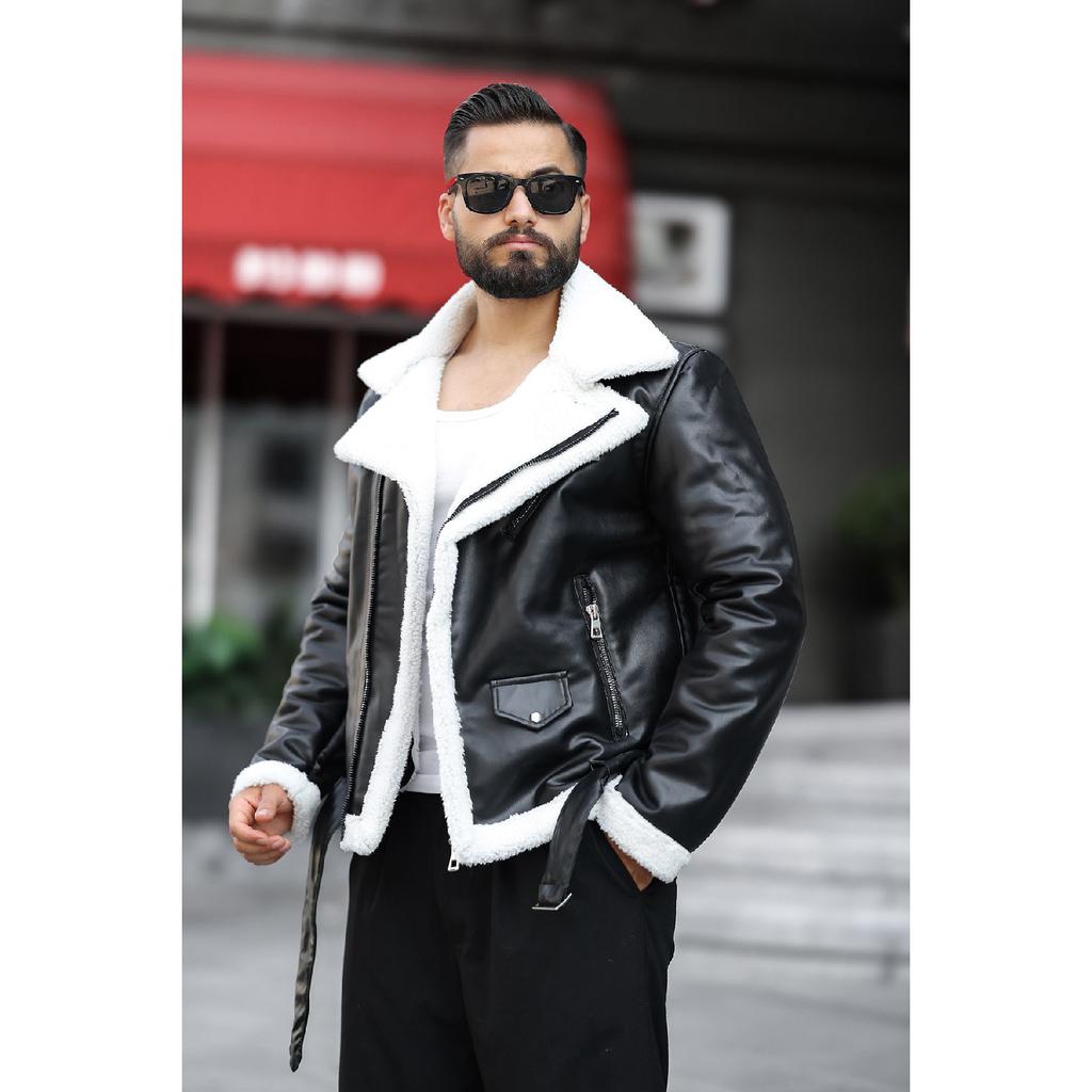 Laminated Leather Double-breasted Coat With Complete Fur Inside