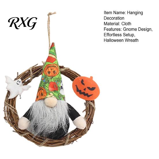 Festive Pumpkin Ornament Halloween Gnome Wreath, Faceless Rattan Rustic Hanging Decoration Door with Ghost for Front Wall Holiday Party Decor Indoor