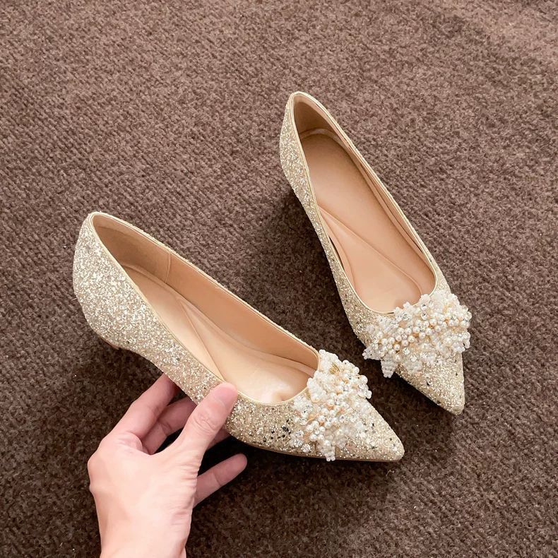 Sequined Flat-soled Heightening Wedding Shoes 2025 Xiuhe Main Wedding Dress Two Wear Crystal Bridal Shoes with Dress French Bridesmaid Shoes