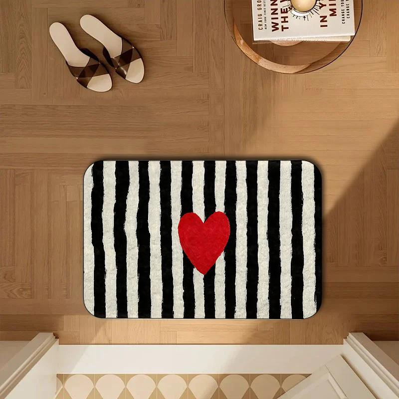 VIKAMA minimalist black and white striped red heart bathroom anti slip absorbent carpet home decoration 40cm x 60cm