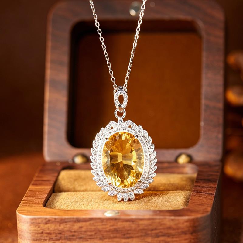 Large Amethyst & Citrine Pendant Necklace for Women, S925 Silver Clavicle Chain, Colored Gem Jewelry