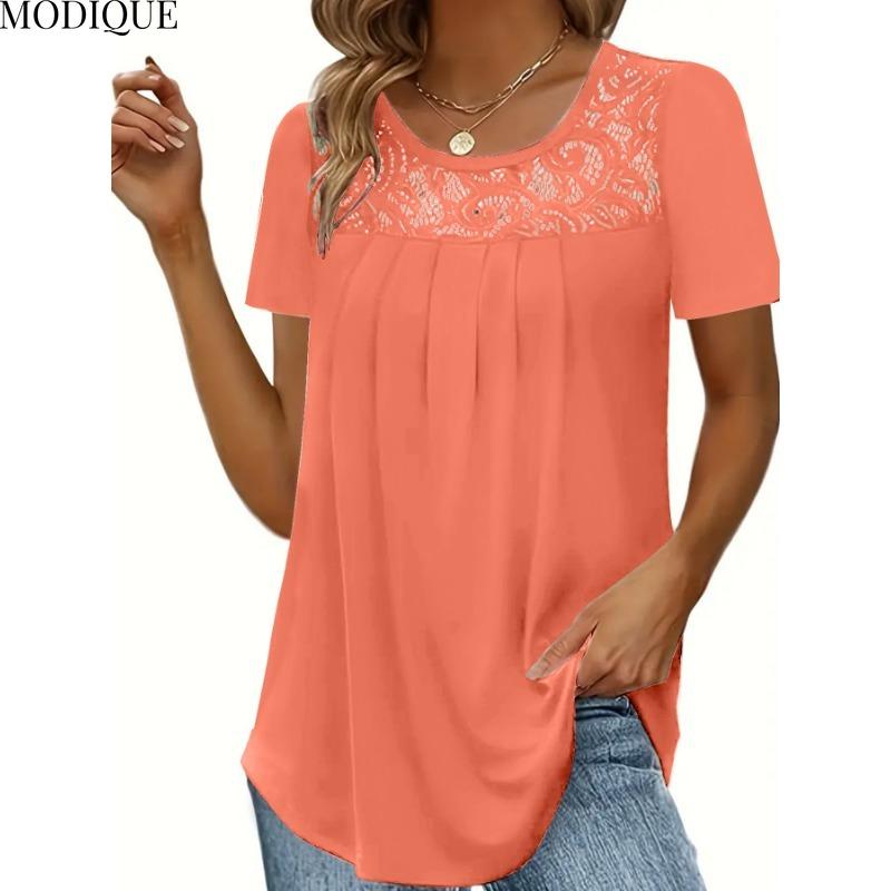 MODIQUE 2025 Summer Plus Size New Women's Minimalist Hollow-out Lace Solid Color T-Shirt Ladies Casual Short Sleeve O-Neck Top