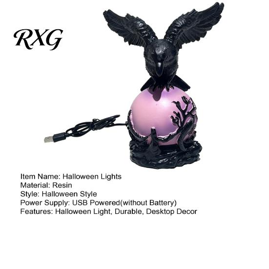Spooky Crow Figurine Gothic Lamp, with Purple Light Ball, Resin Halloween Night Light, Realistic Sculpture USB Powered Dark Style Statue for