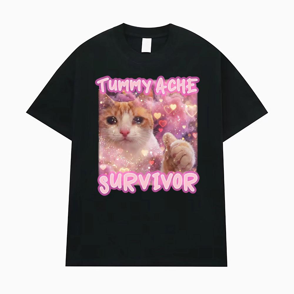 Tummy Ache Survivor Funny Cat Meme Graphic T Shirts for Unisex Women Fashion Retro Cartoon Humor T Shirt Streetwear Tshirts