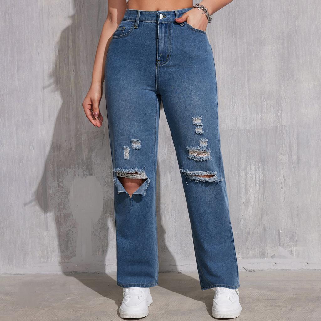Women's High Waist Washed Women's Jeans Fashionable Versatile Straight Leg Pants
