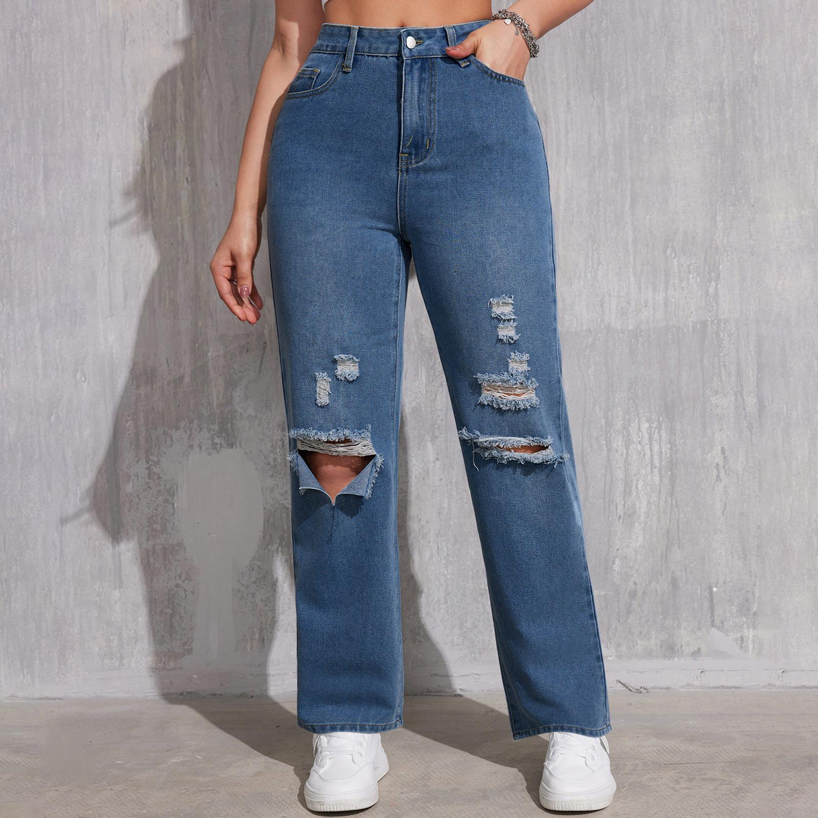 Women s High Waist Washed Women s Jeans Fashionable Versatile Straight Leg Pants L