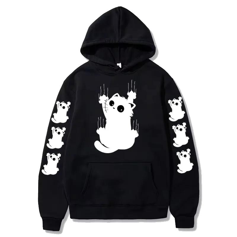 Autumn Winter Women Funny Cat Print Hoodie Casual Drawstring Hooded Long Sleeve Pocket Sweatshirt Cat Women's Clothing
