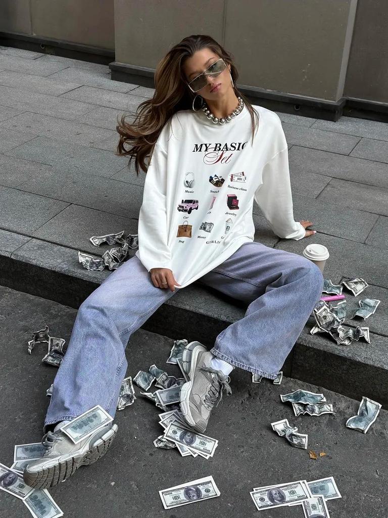 Autumn Cotton Long-Sleeve Tee: European & American Style, Fun Print, Age-Reducing, Trendy & All-Match