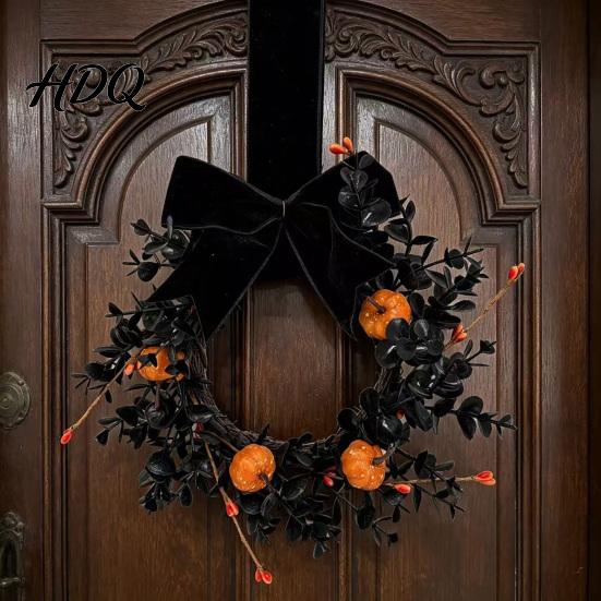 Pumpkin Wreath Halloween for Front Door 9 Inch with Black Entrance Decor