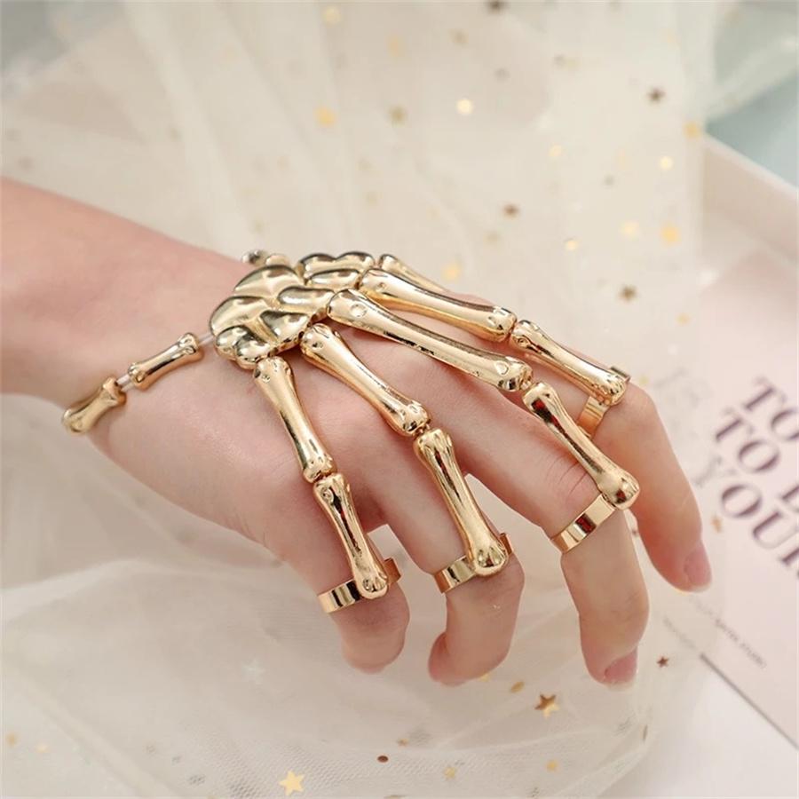 New Unique Punk Skeleton Hand Bone Versatile Five Finger Ring Bracelet Adjustable One Chain Bracelet Halloween Bracelet Unisex
