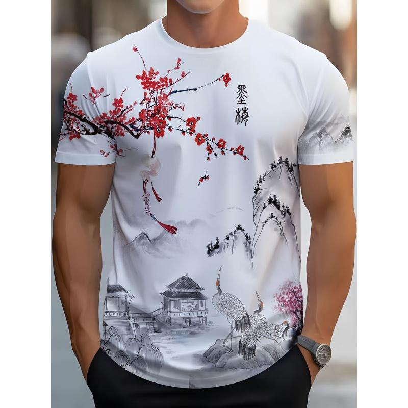 3D Printed Chinese Painting T Shirt For Men Landscape Flowers Pattern Short-Sleeved