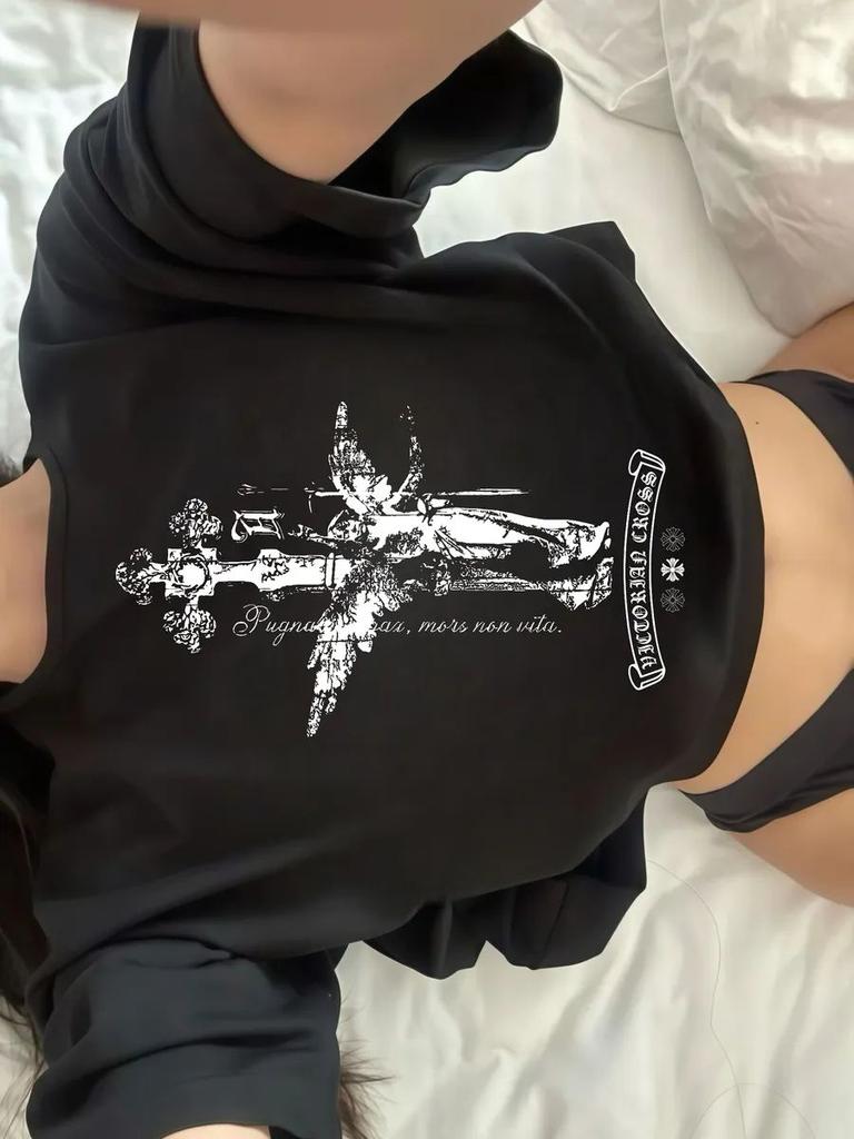 Gothic Dark Print T-shirt Women Oversized Y2k Short Sleeve Streetwear Heavy Cotton High Street Harajuku Male Female Clothing