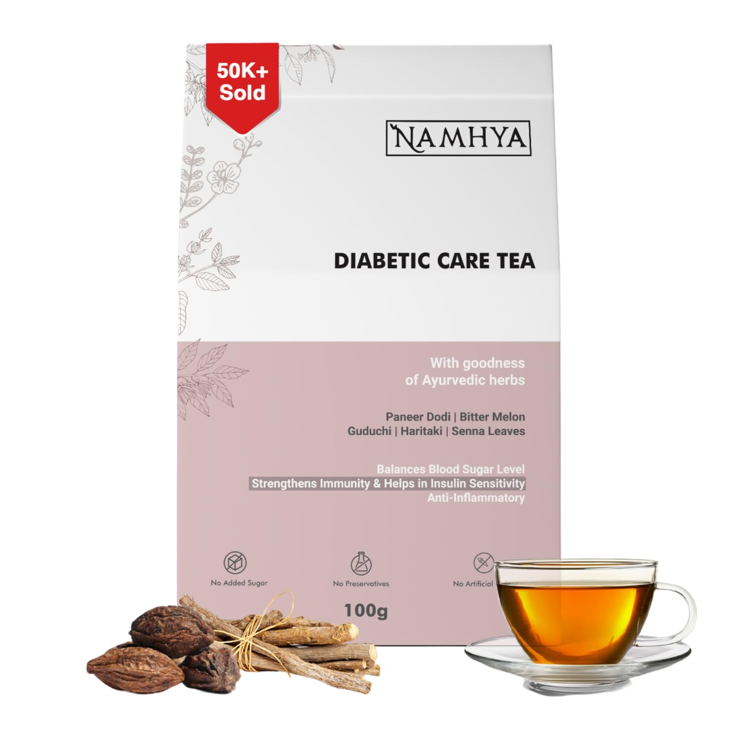 Namhya Diabetic Care Herbal Tea | Ayurvedic Blend with Paneer Dodi Bitter Melon Guduchi & Herbs | Supports Blood Sugar Balance | Boosts Immu