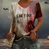 Yousheng Women T-shirt V-neck Long Sleeve Blood Letter Print Tee Shirt Loose Fit Halloween Pullover Tops Festival Party Wear