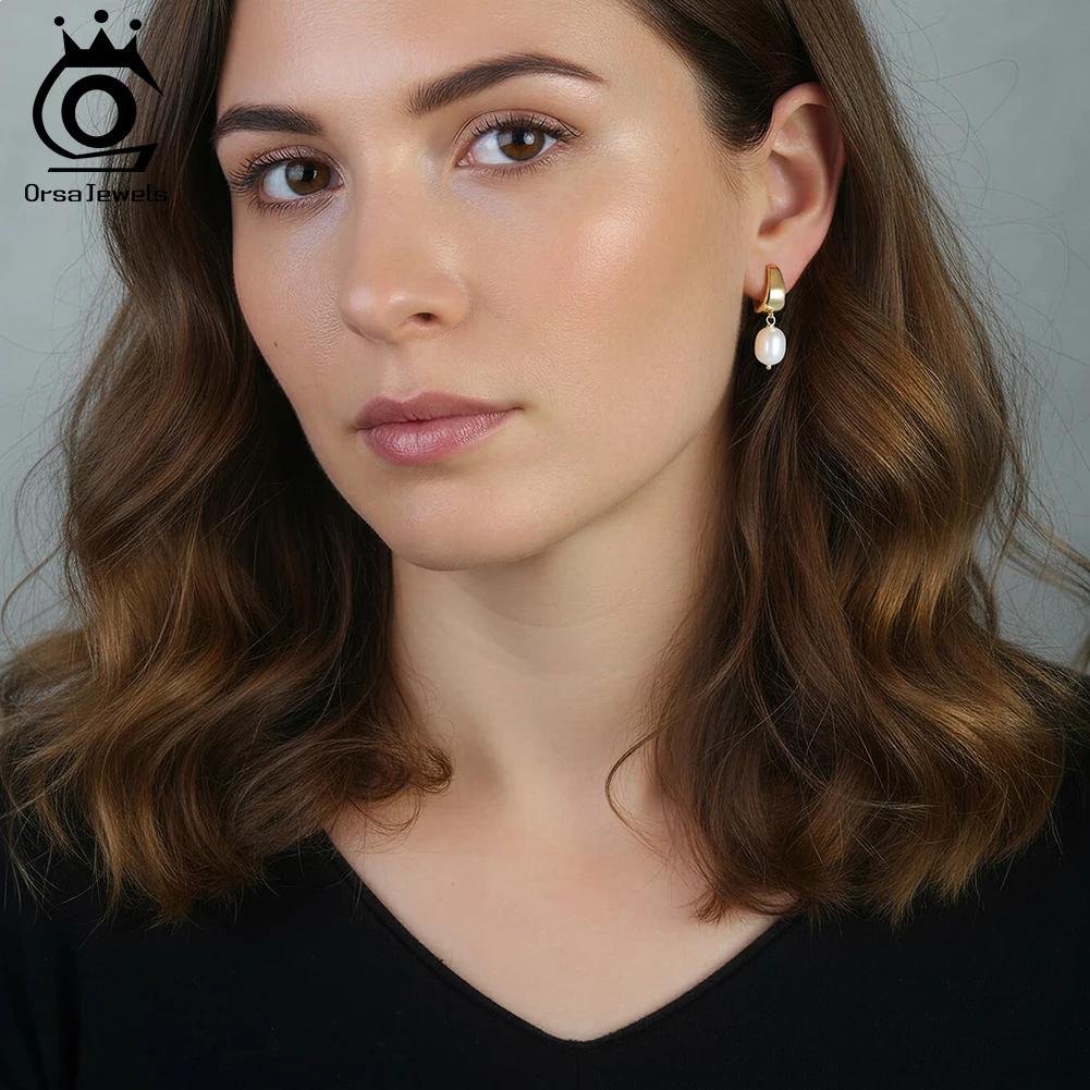 ORSA JEWELS Elegant 14K Gold Genuine 925 Sterling Silver Dangle Pearl Earrings with Handpicked Natural Pearl for Women GPE130