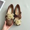 Sheepskin Version Inner Height-increasing Shoes Genuine Leather Retro Camellia Shallow Mouth Single Shoes Female Pig Nose Cross Belt Mary Jane Shoes