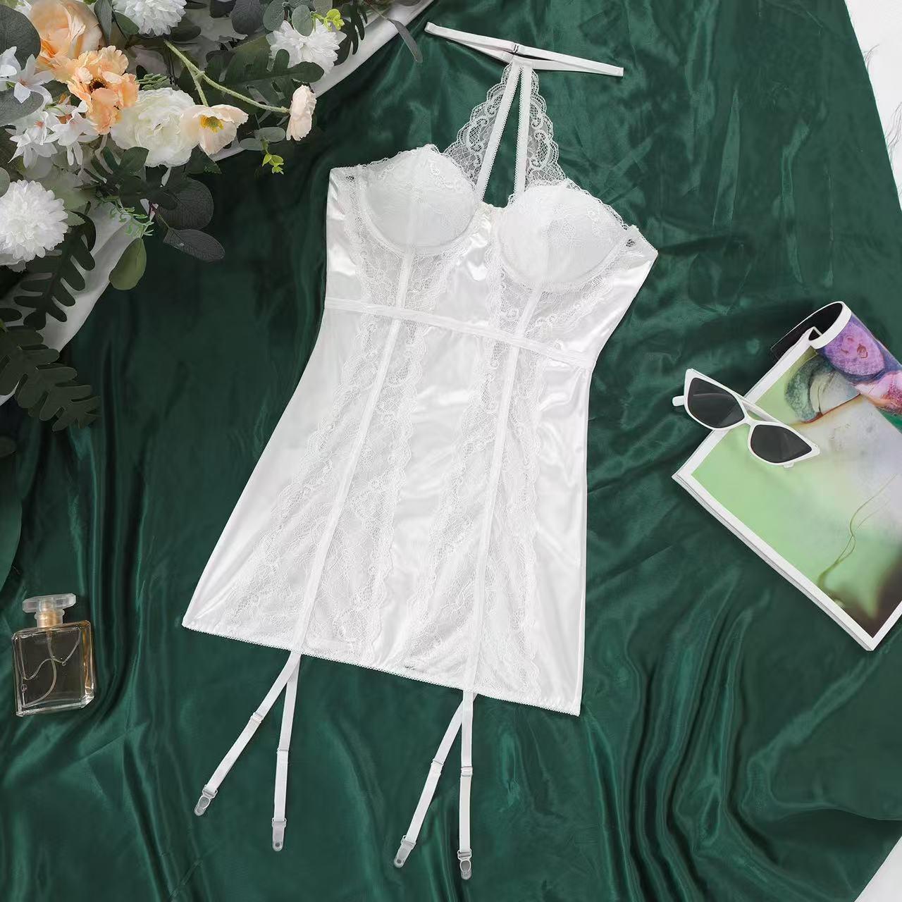 

Satin Lace Hip-Hugging Skirt Lingerie Set with Push-Up Bra and Removable Pajamas for Women Medium