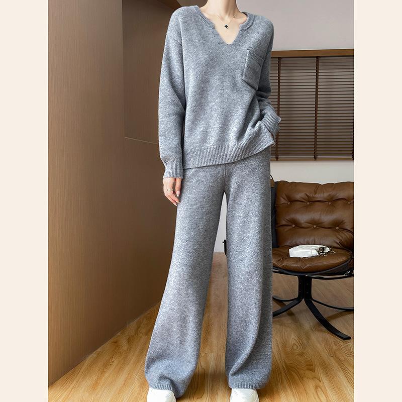 Casual Two-Piece Plus Size Wide-Leg Pants Knitwear Suit with Pockets
