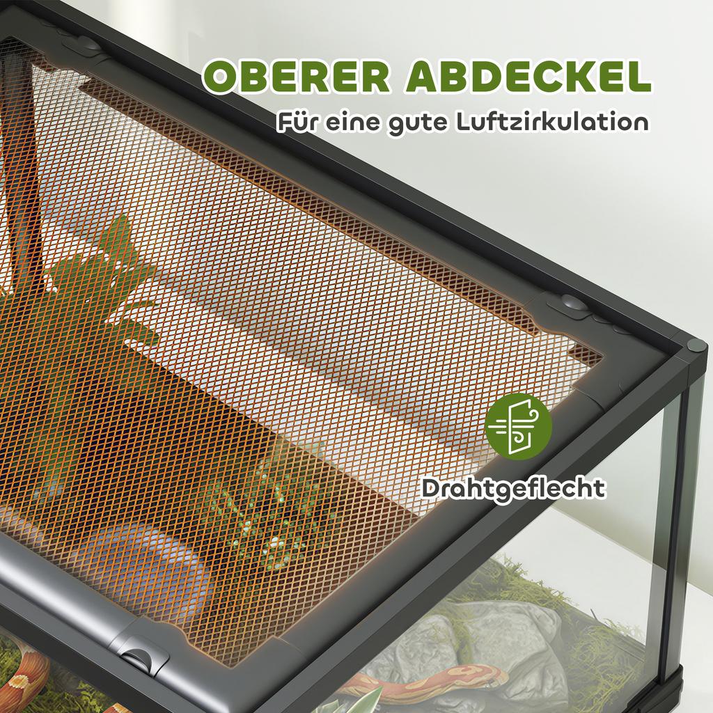 Terrario per Rettili, Vivario da 86 Litri con Porta Scorrevole, Chiusura a Chiave, per Lucertole, Insetti, Ragni, Geco, 60 x 45 x 32 cm, Nero