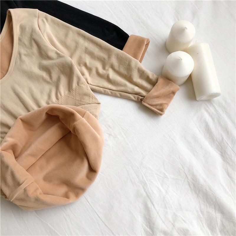 Women's Thermal Underwear Set: Long Sleeve Velvet Round Neck Top