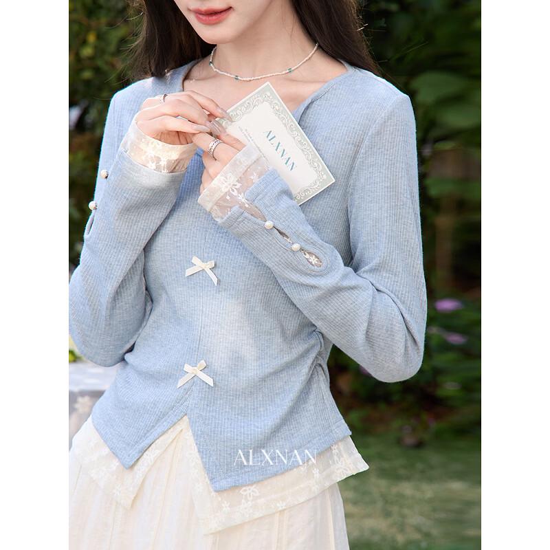 Luxiangnan Women's Blue Fake Two-Piece Long Sleeve Top