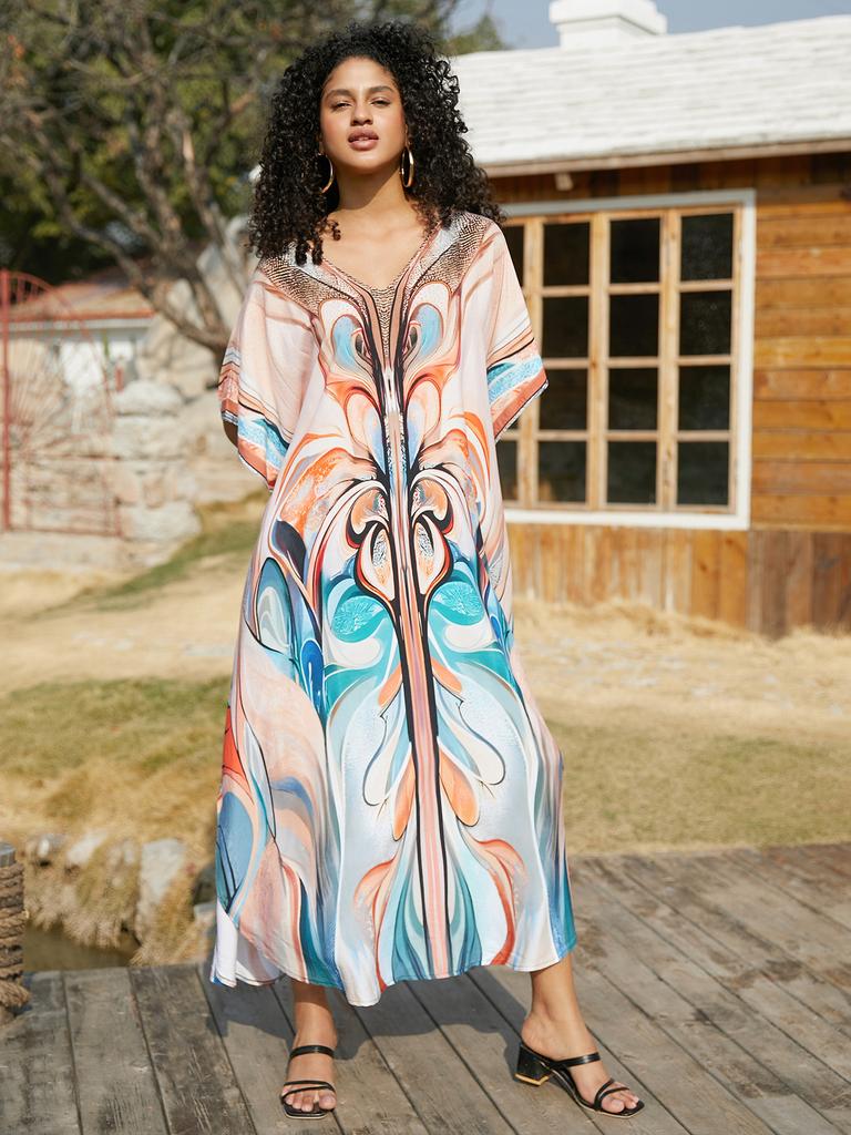 Beach Kaftans pro ženy Motýlí papoušek s potiskem Letní šaty velké velikosti Sváteční plavky Dropshipping