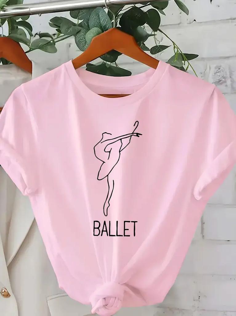 Fashion Tops Women's Elegant Ballet-Themed Graphic Tee Crew Neck T-Shirt with Dancing Figure Design Ballet Dancer T-Shirt