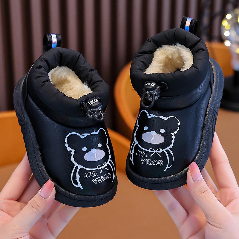 Niedliche Baumwoll-Schneestiefel mit Bärenaufdruck für Babyjungen und -mädchen - Winter-Slipper zum Hineinschlüpfen mit verdicktem Futter