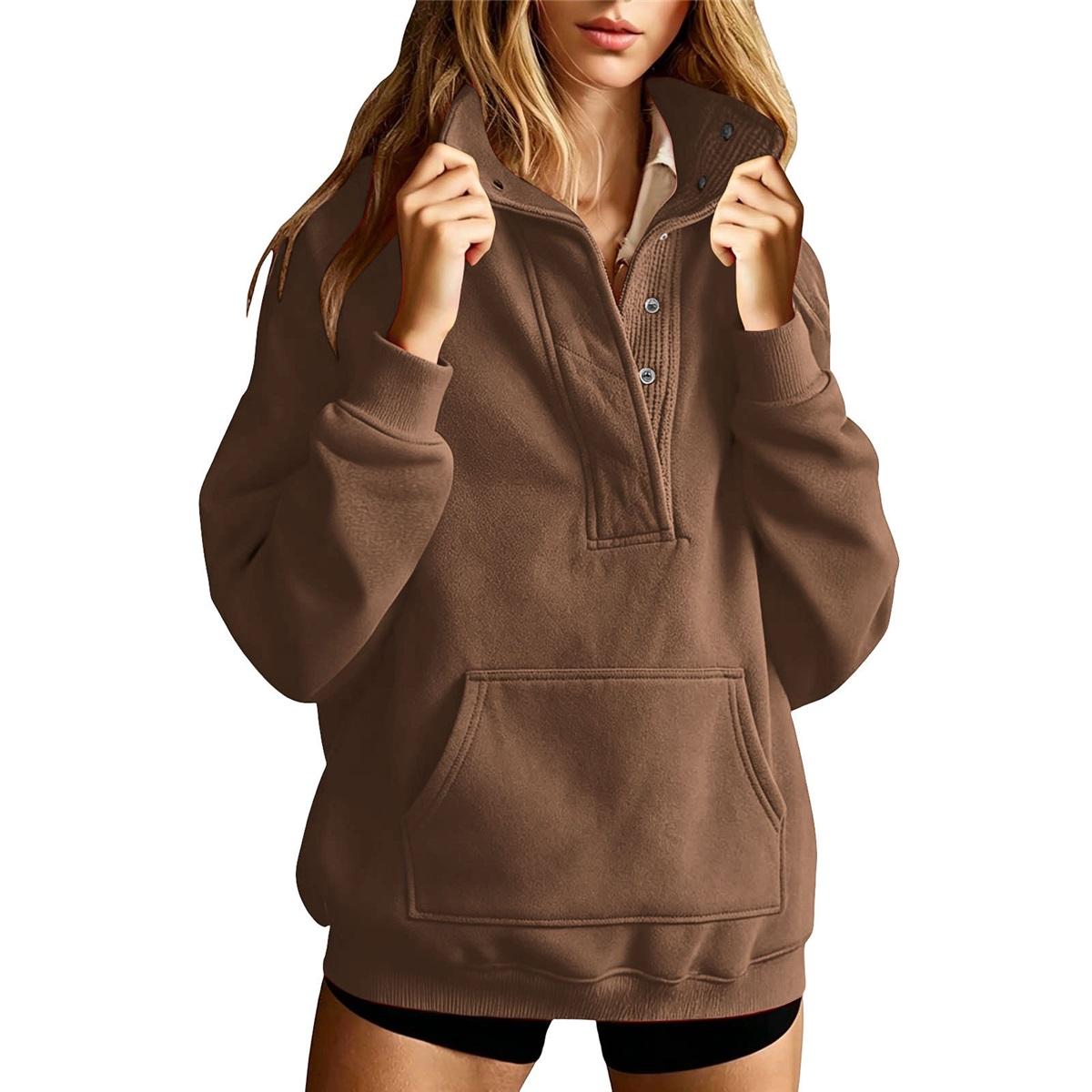 Sweatshirt à demi-boutons et col montant pour femme Haut pull ample avec poches Décontracté XL écorce tannante