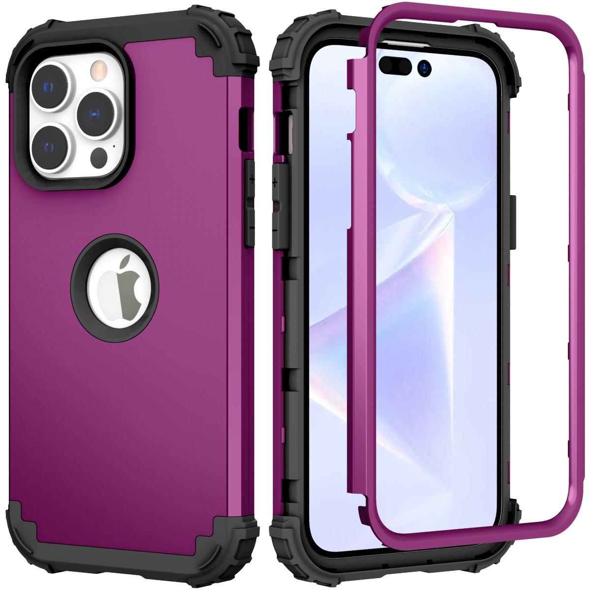

For iPhone 15 Pro PC+Silicone Phone Case 3-in-1 Protective Phone Cover Purple