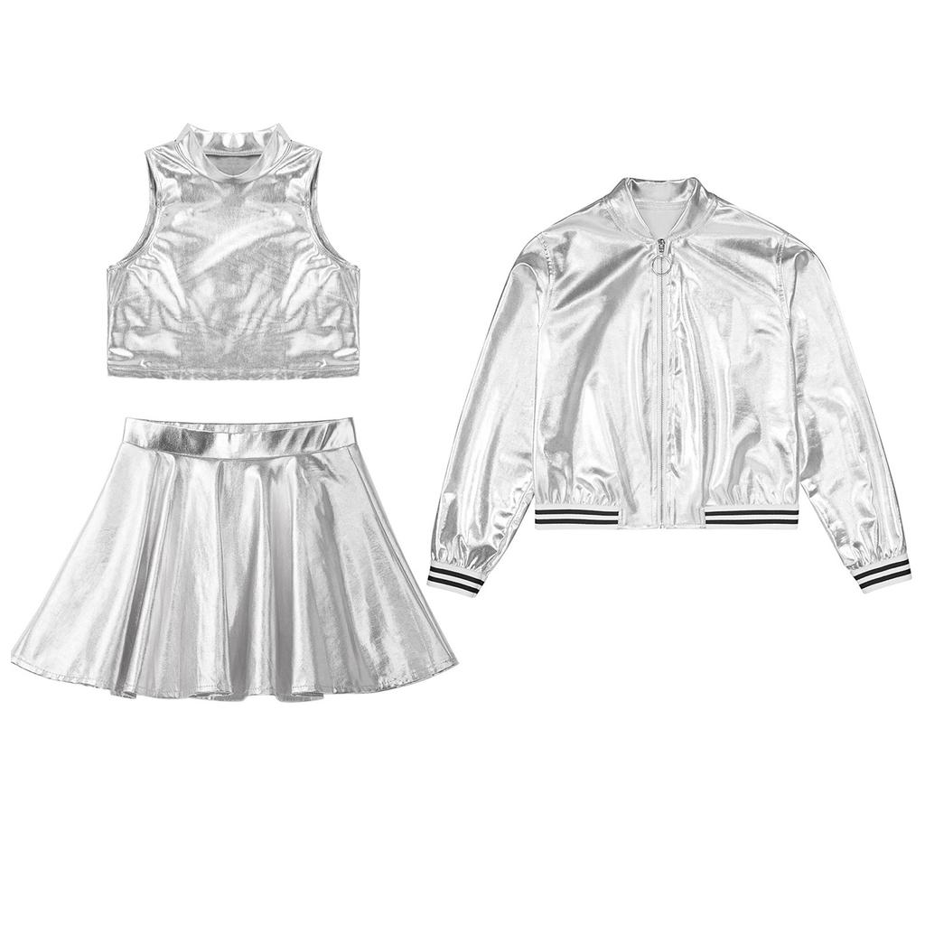 Kinder Mädchen 3-teiliges Tanzset: Metallic Mock Neck Crop Top, Rock & Stehkragen-Reißverschlussjacke für Bühnenauftritt & Workout