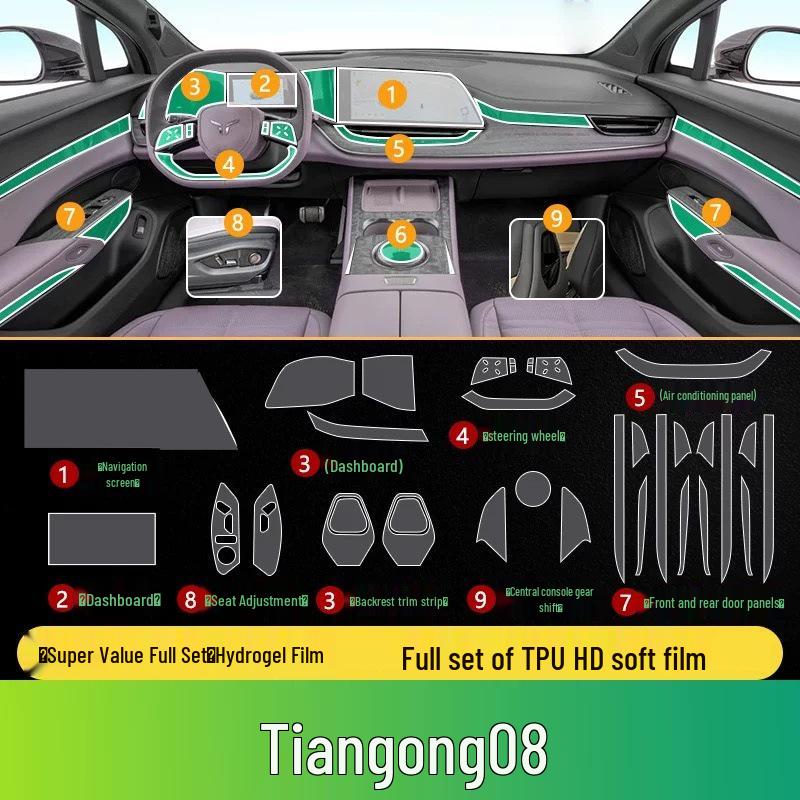 TPU Interior Film for 25 Hongqi Tiangong 08 Models: Fits Instrument Screen, Gear Shift, B-Pillar, Car Stickers