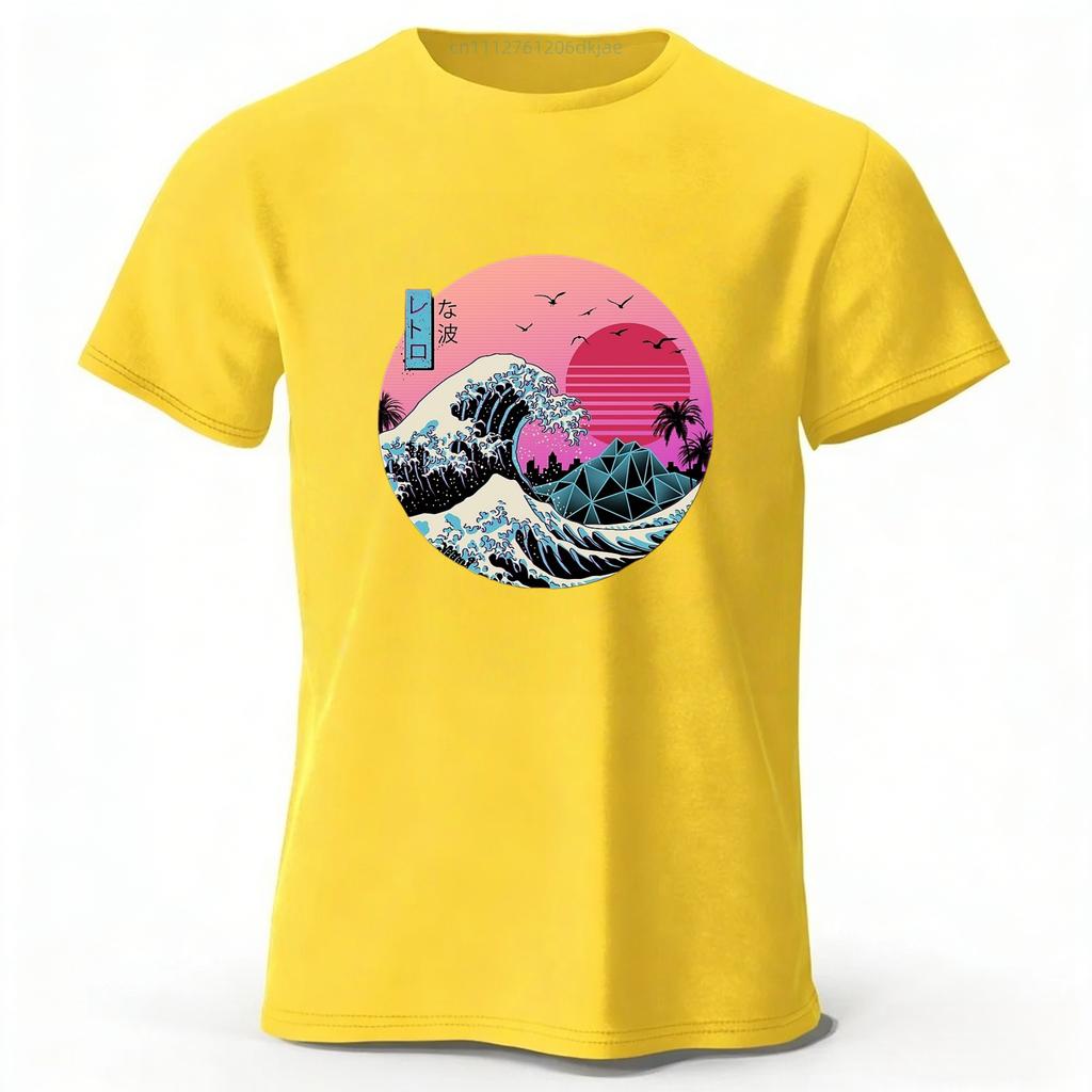 Estética Japonesa Onda Rosa Algodão Puro Manga Curta Masculina Casual Tendência Camiseta Top Solto