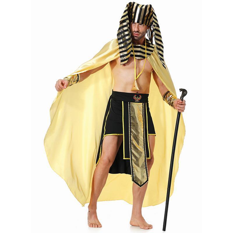 Egyptian Pharaoh Costume Men Halloween Cosplay Outfit With Headdress Cape Skirt Armlets Pendant