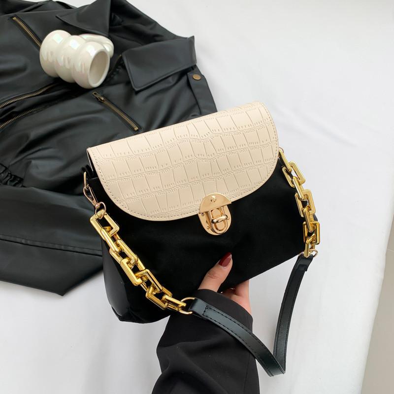Trendy Texture Patchwork Saddle Bag With Lock Buckle Shoulder Bag Street Fashion Pu Material Small Bag чёрный