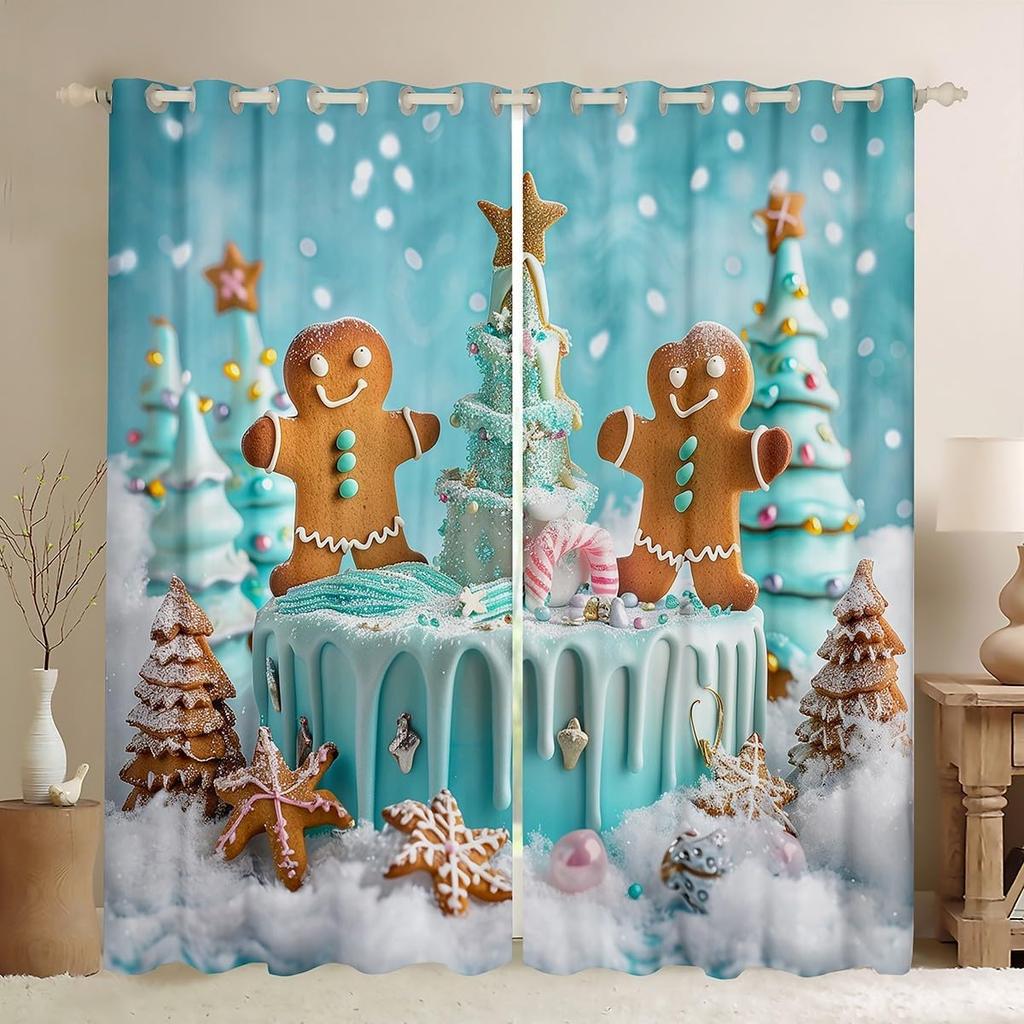Christmas Gingerbread House Curtain Drapes Xmas Snowflake Window Curtains Kawaii Man Pattern Room Darkening Made Of Polyester