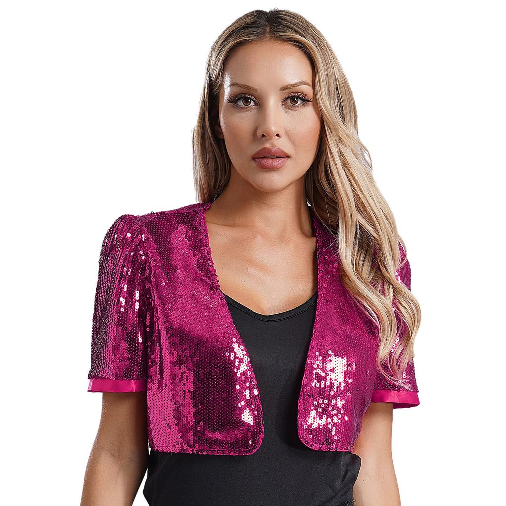 Women Glitter Sequin Cardigan Cropped Jacket Short Sleeve Open Front Fully Lined Stylish Club Cover Up