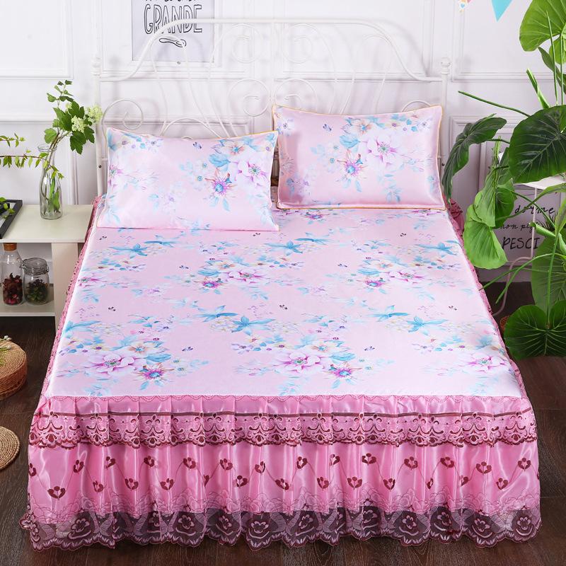 3-teilige Kühlmatte, Spitzen-Bettrock, Eismatte, moderne Bettüberwürfe, hautfreundliches Bettwäsche-Set, Stoff für Queen-Size-Betten mit Kissenbezug