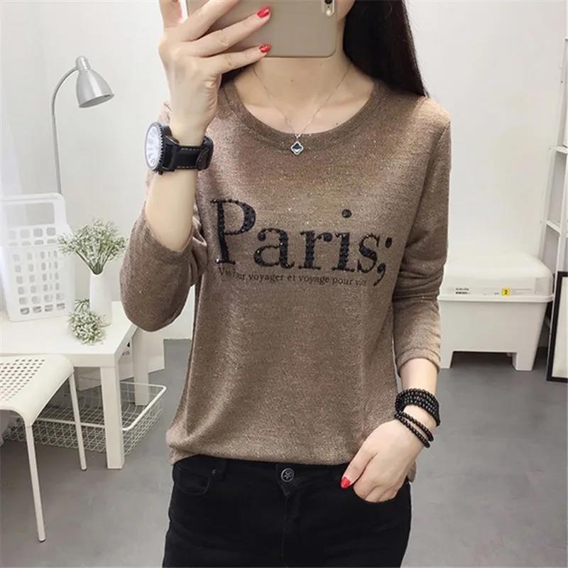 

Женские тонкие футболки Парижские рубашки с принтом Повседневные пуловеры Весенние рубашки с длинными рукавами M хаки