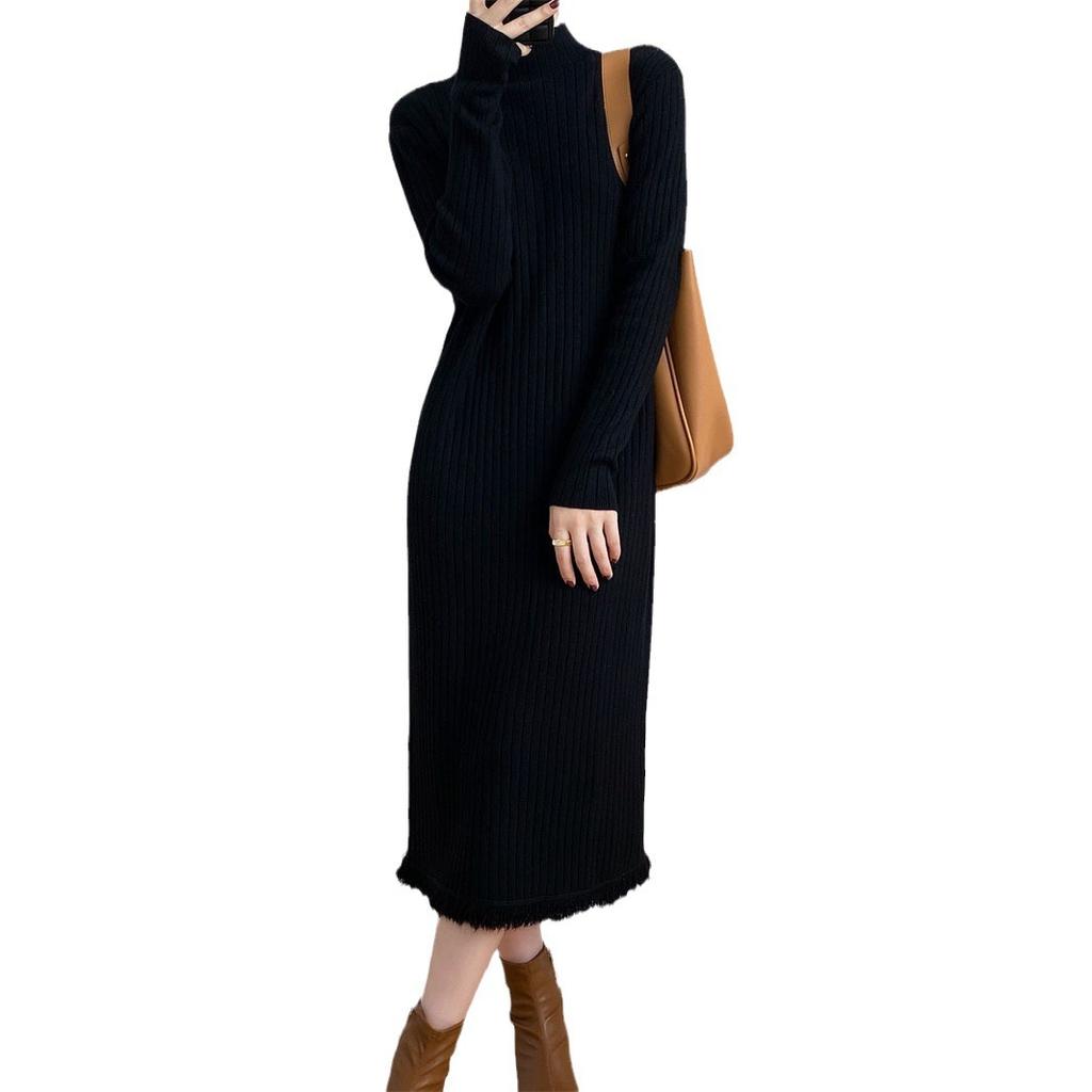 Semi-turtleneck Fringed Sweater Skirt Women's Autumn and Winter Elegant Long New Knee-length Knitted Primer Dress