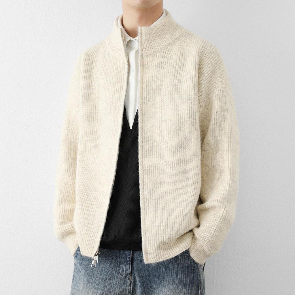 Herren Strickjacke mit lockerem Strickmuster aus Wolle - Stehkragen, Lässiger Stil für Frühling & Herbst 2025