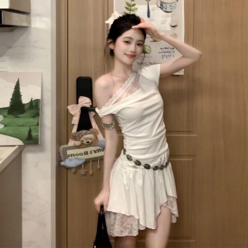 Elegant White Lace A Line Dress With High Waist For Summer Casual Wear
