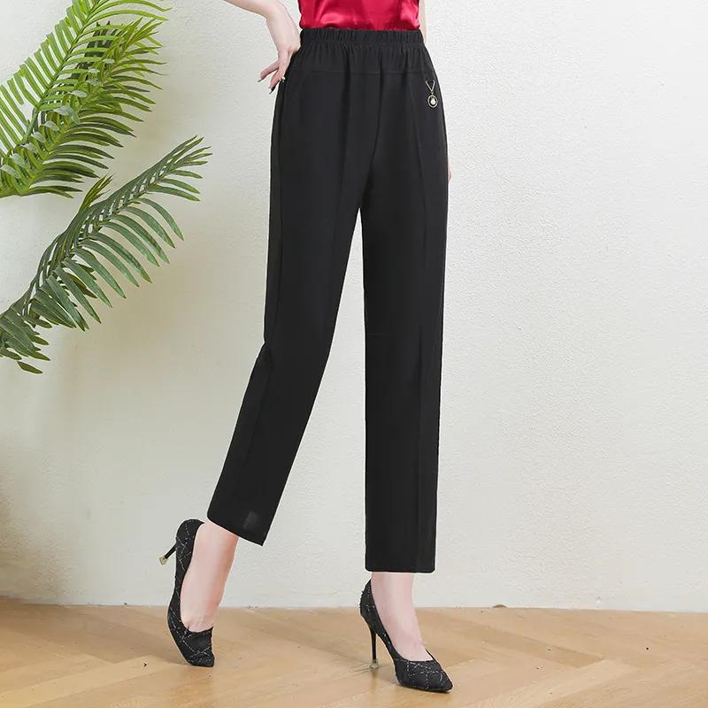 Women Ice Silk Elastic Pants Solid Color High Waist Loose Casual Pants Middle Aged Female Elastic Straight Leg Pants