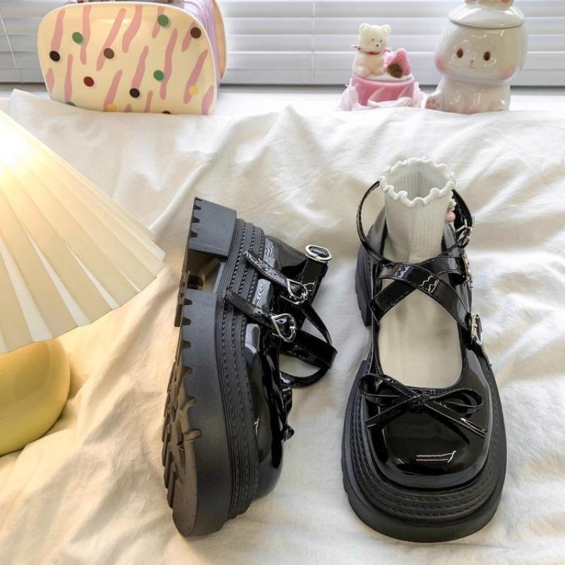 Fashion Spring Butterfly Knot Sweet Cute Lolita Shoes Thick Heel Women Mary Jane Single Shoes PU Leather Round Toe Women Japanese Shoes