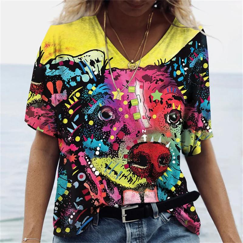 Summer Vintage V-neck Women's T-shirt Loose Jumper Skull 3D Printed Short-sleeved Shirt Harajuku Plus Size Women's T-shirt Top