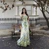 Monet Garden Wind Green Suspender Dress Women's Summer Temperament Lotus Leaf Edge Holiday Long Dress Seaside Waist Beach Dress