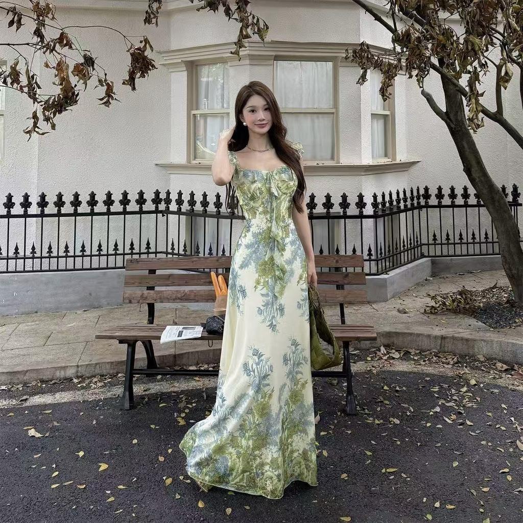 Monet Garden Wind Green Suspender Dress Women's Summer Temperament Lotus Leaf Edge Holiday Long Dress Seaside Waist Beach Dress