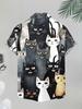 New Men'S Casual 3D Black Base Watercolor Cat Print Shirt